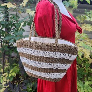 Woven Straw‎ lace Tote Bag with lining and Zippered Top Closure Cotton natural